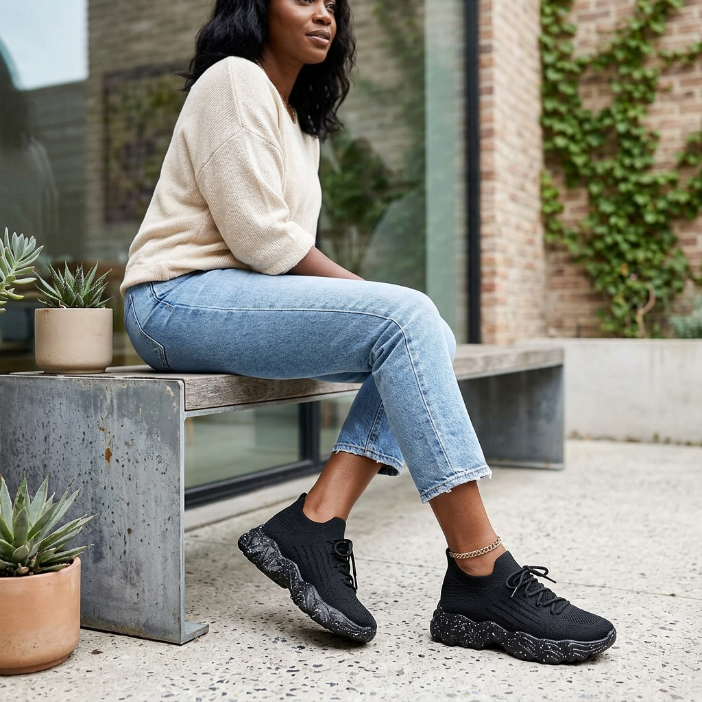 Black female model wearing black knit lace-up trainers with sculpted white-speckled black soles