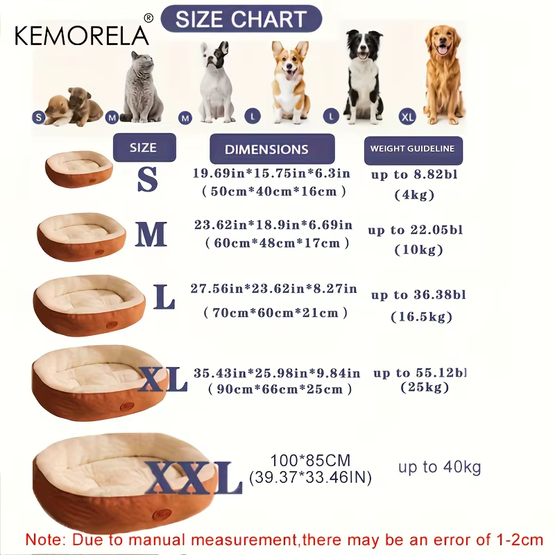 Supplier size chart for plush oval pet bed