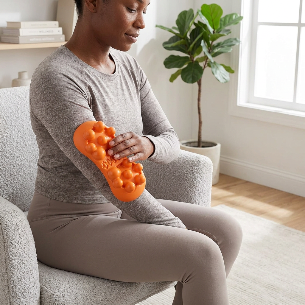Black woman with the orange manual acupressure massage board