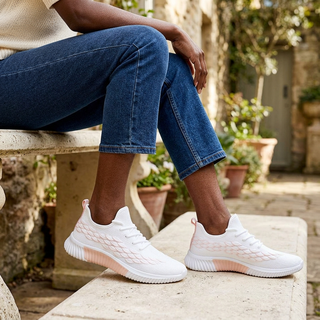 Black female model wearing white and blush pink lace-up trainers with textured side panels