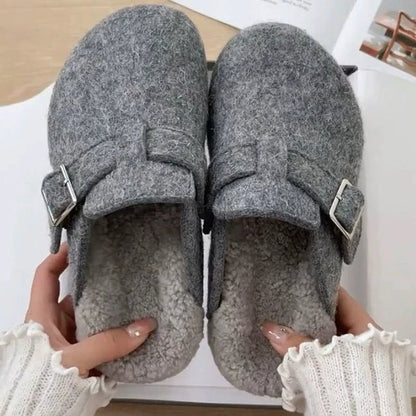 Kidmi Women's Slippers - Grey Leather Shearling Closed - Toe Felt Soft Mules Winter 2025 - Shello's Creative Boutique