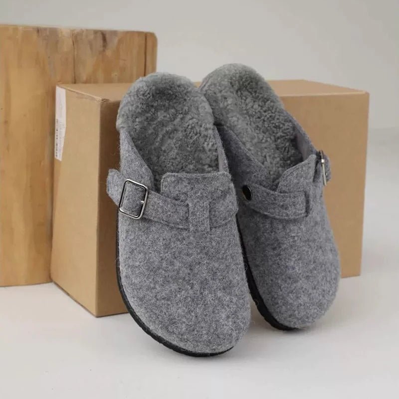 Kidmi Women's Slippers - Grey Leather Shearling Closed - Toe Felt Soft Mules Winter 2025 - Shello's Creative Boutique