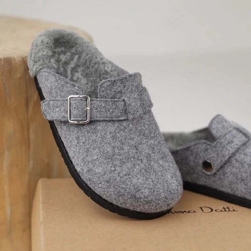 Kidmi Women's Slippers - Grey Leather Shearling Closed - Toe Felt Soft Mules Winter 2025 - Shello's Creative Boutique