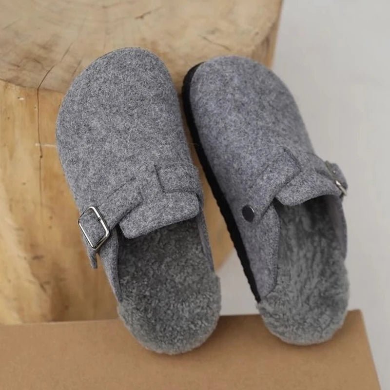 Kidmi Women's Slippers - Grey Leather Shearling Closed - Toe Felt Soft Mules Winter 2025 - Shello's Creative Boutique