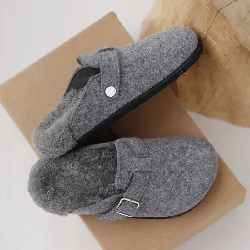 Kidmi Women's Slippers - Grey Leather Shearling Closed - Toe Felt Soft Mules Winter 2025 - Shello's Creative Boutique
