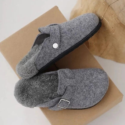 Kidmi Women's Slippers - Grey Leather Shearling Closed - Toe Felt Soft Mules Winter 2025 - Shello's Creative Boutique