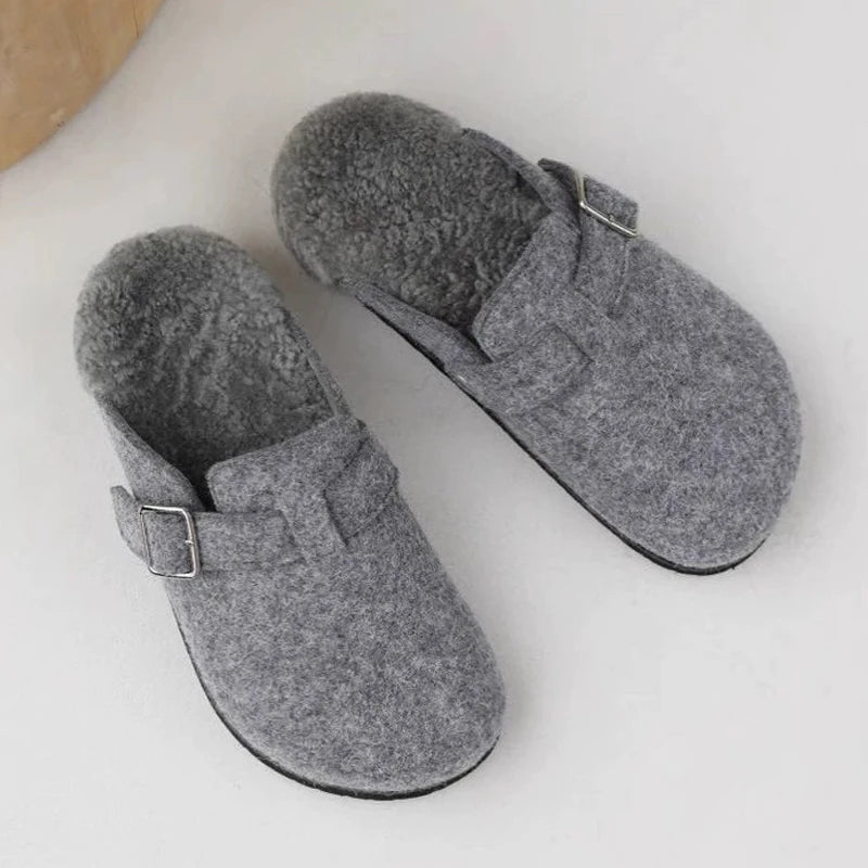 Kidmi Women's Slippers - Grey Leather Shearling Closed - Toe Felt Soft Mules Winter 2025 - Shello's Creative Boutique