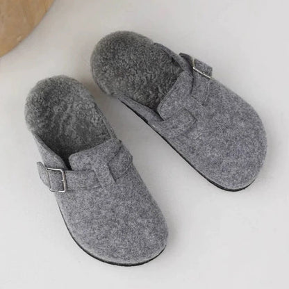 Kidmi Women's Slippers - Grey Leather Shearling Closed - Toe Felt Soft Mules Winter 2025 - Shello's Creative Boutique