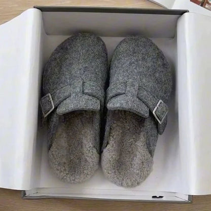 Kidmi Women's Slippers - Grey Leather Shearling Closed - Toe Felt Soft Mules Winter 2025 - Shello's Creative Boutique