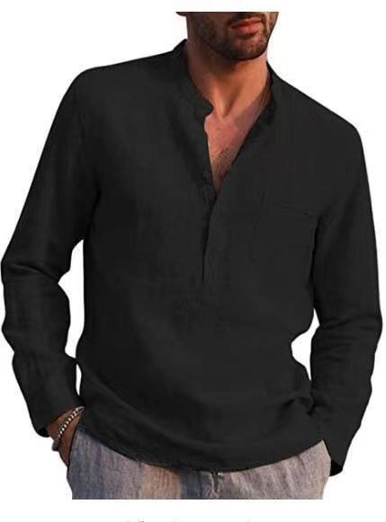 Men Four Seasons Leisure Long Sleeve Woven Flax Shirt Shello Creative Boutique