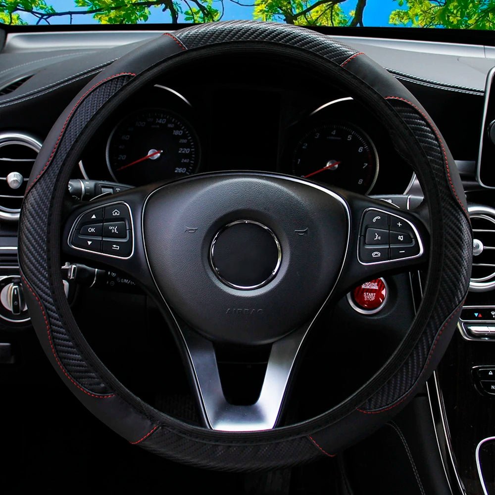 PU Carbon Fiber Leather Car Steering Wheel Cover - 14.5 - 15 Inches - Shello's Creative Boutique