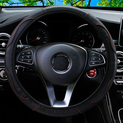 PU Carbon Fiber Leather Car Steering Wheel Cover - 14.5 - 15 Inches - Shello's Creative Boutique