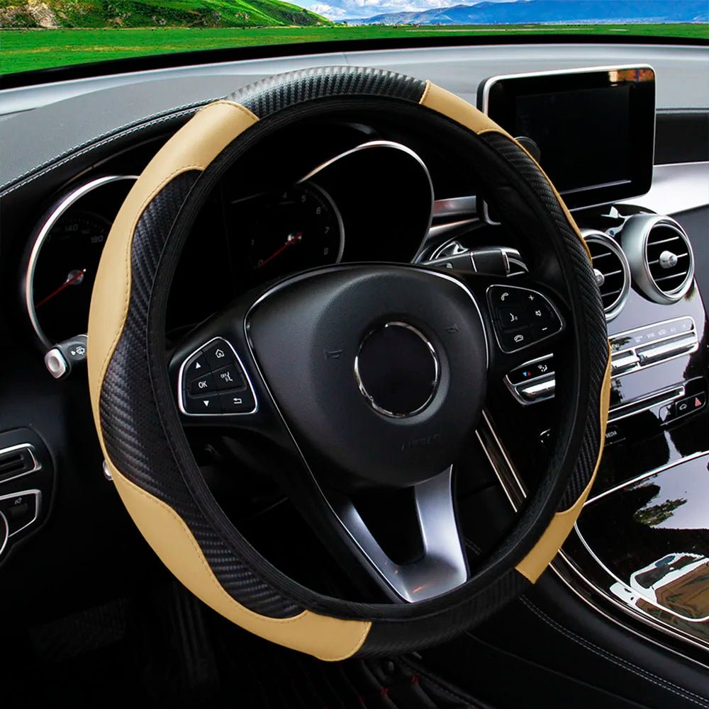 PU Carbon Fiber Leather Car Steering Wheel Cover - 14.5 - 15 Inches - Shello's Creative Boutique