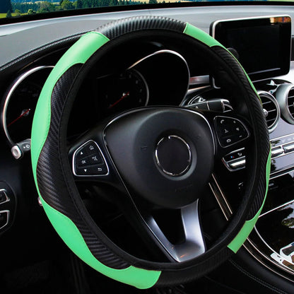 PU Carbon Fiber Leather Car Steering Wheel Cover - 14.5 - 15 Inches - Shello's Creative Boutique