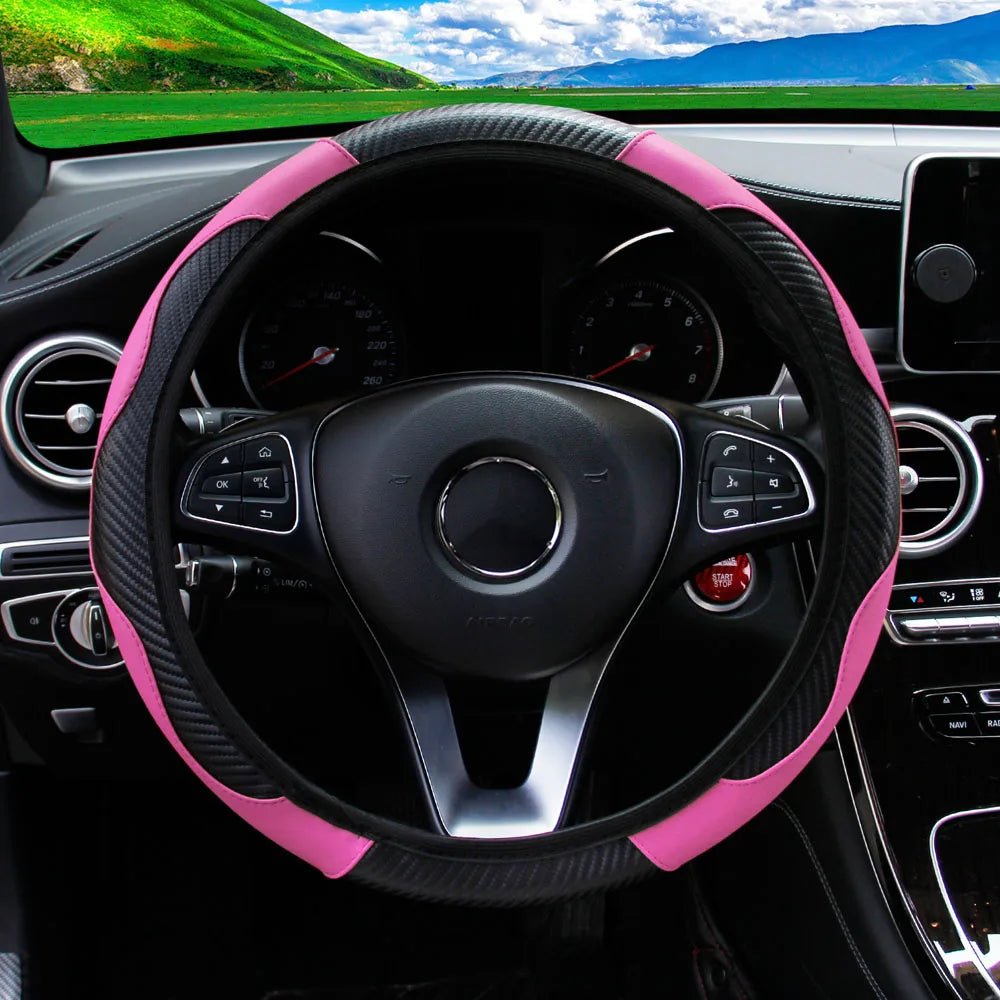 PU Carbon Fiber Leather Car Steering Wheel Cover - 14.5 - 15 Inches - Shello's Creative Boutique