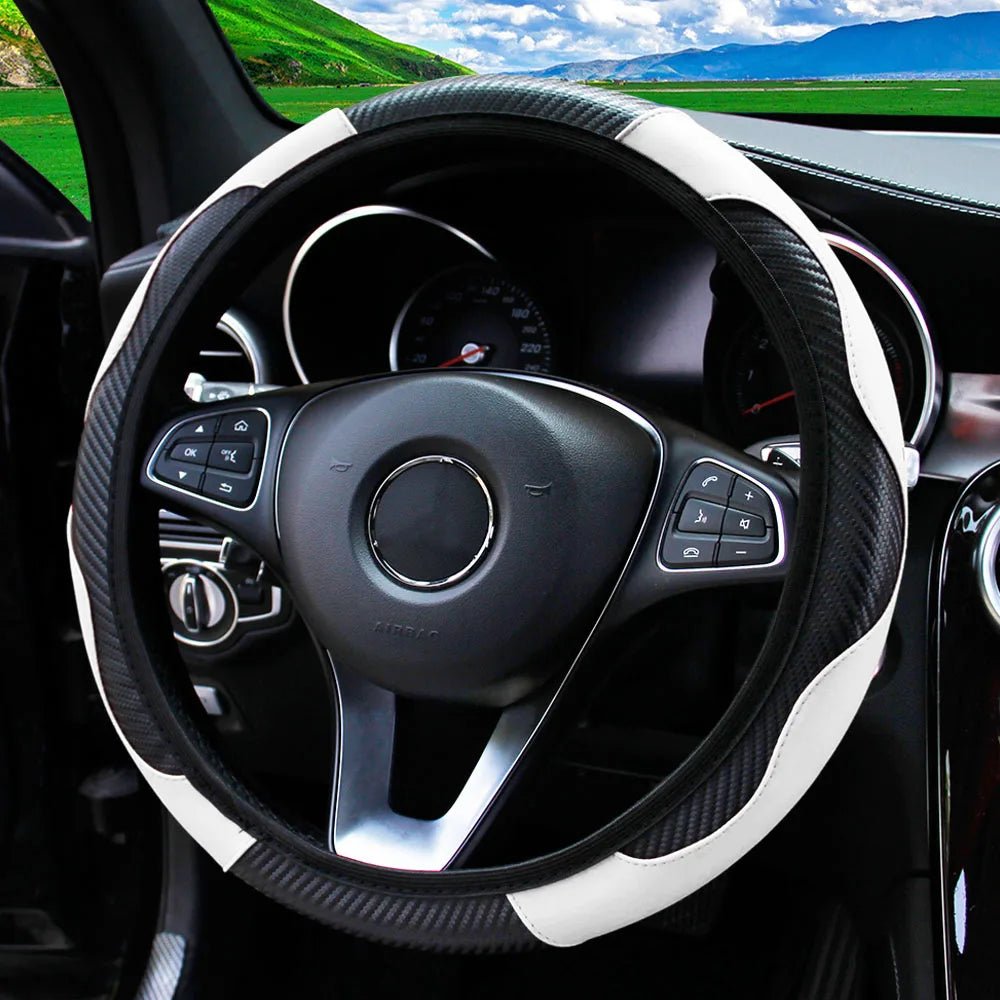 PU Carbon Fiber Leather Car Steering Wheel Cover - 14.5 - 15 Inches - Shello's Creative Boutique