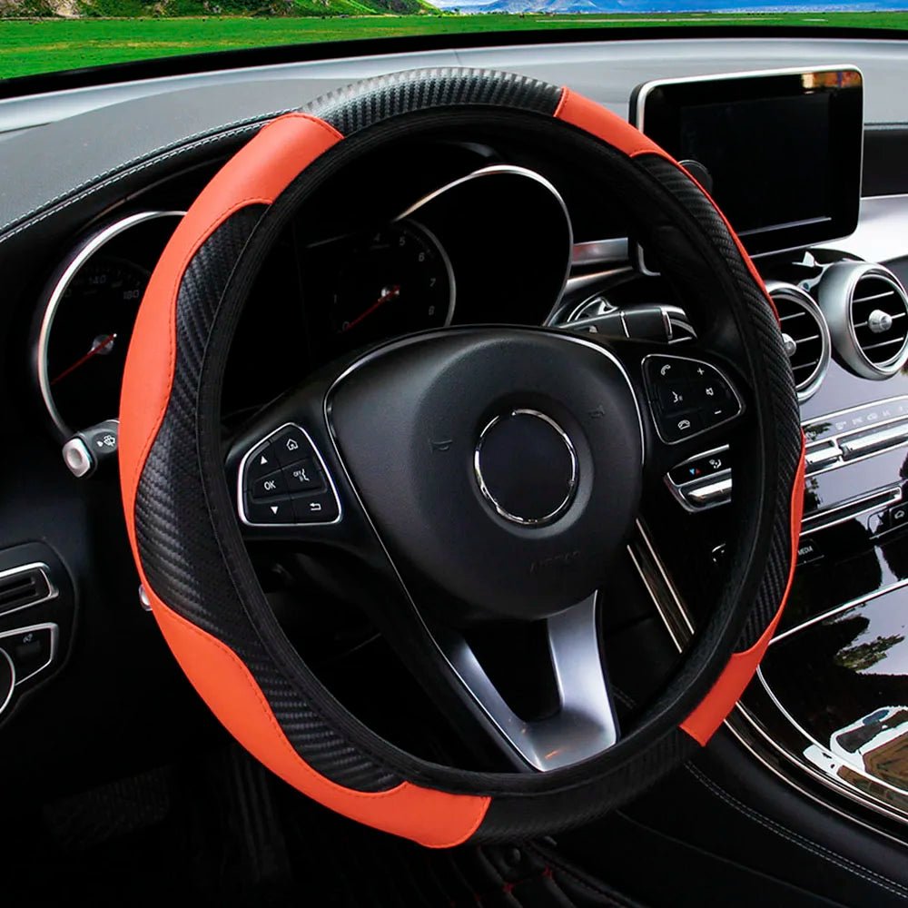 PU Carbon Fiber Leather Car Steering Wheel Cover - 14.5 - 15 Inches - Shello's Creative Boutique