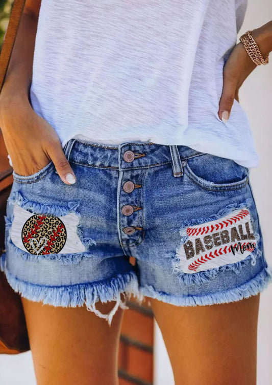 Button-breasted printed patch denim shorts with ripped fringed hot pants Shello Creative Boutique