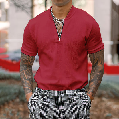 Men's Solid Color Zipper Stand Collar Casual Short Sleeve T-Shirt Shello's Creative Boutique