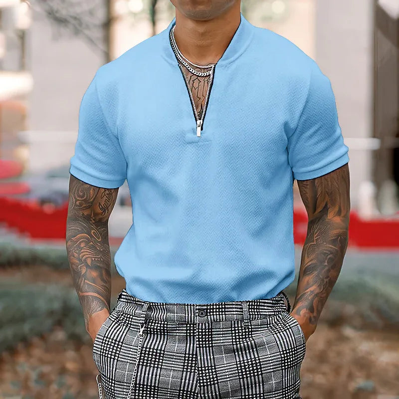 Men's Solid Color Zipper Stand Collar Casual Short Sleeve T-Shirt - Shello's Creative Boutique