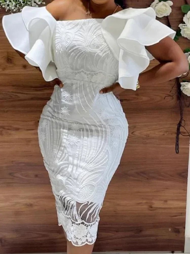White Lace Dress - Ruffle Sleeve Knee - Length Party Dress - Shello's Creative Boutique