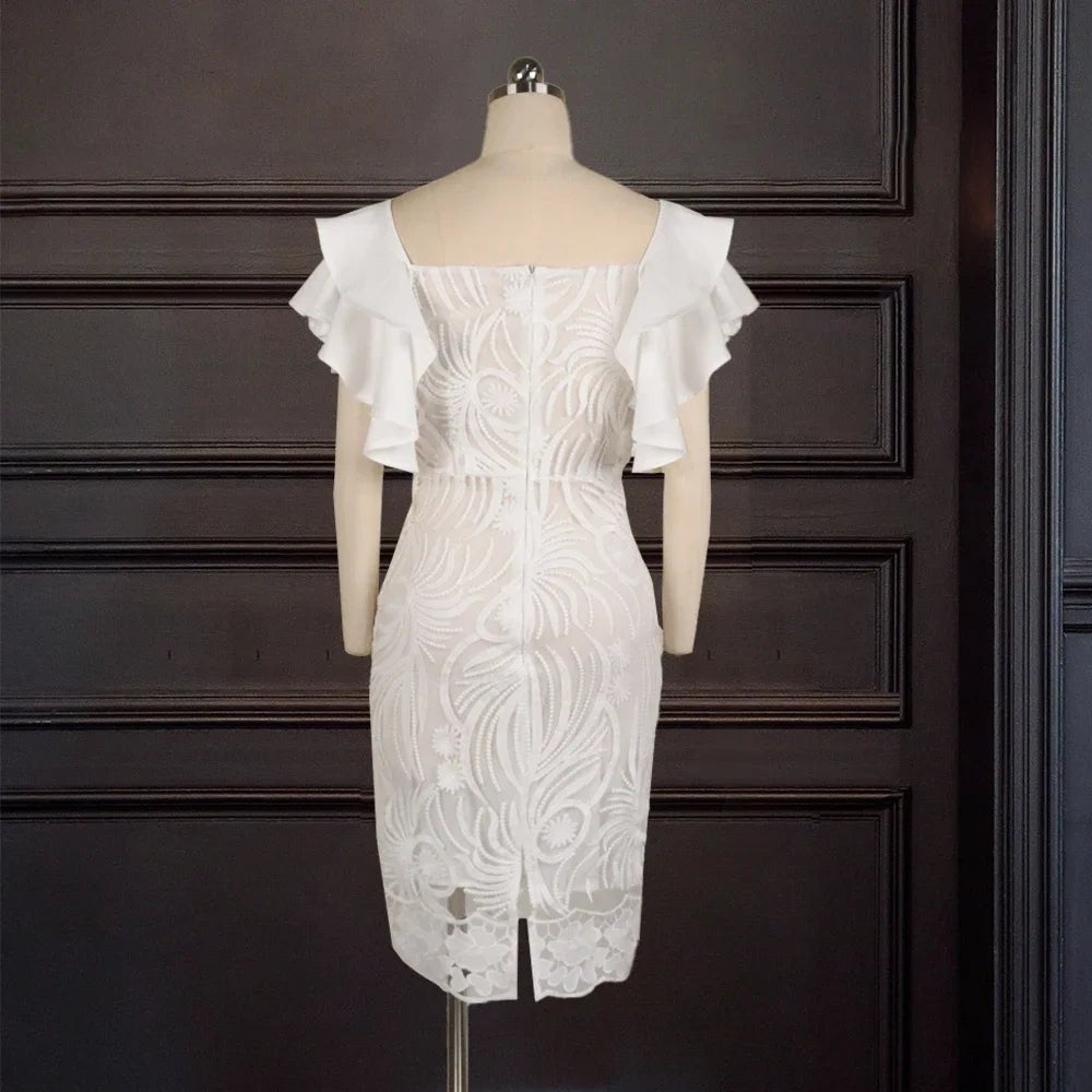 White Lace Dress - Ruffle Sleeve Knee - Length Party Dress - Shello's Creative Boutique