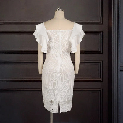 White Lace Dress - Ruffle Sleeve Knee - Length Party Dress - Shello's Creative Boutique