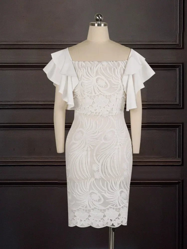 White Lace Dress - Ruffle Sleeve Knee - Length Party Dress - Shello's Creative Boutique