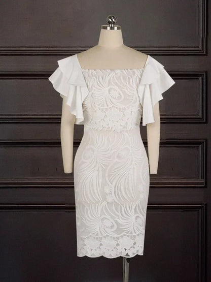 White Lace Dress - Ruffle Sleeve Knee - Length Party Dress - Shello's Creative Boutique