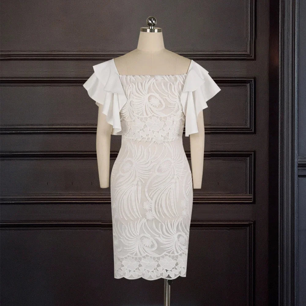 White Lace Dress - Ruffle Sleeve Knee - Length Party Dress - Shello's Creative Boutique