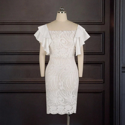 White Lace Dress - Ruffle Sleeve Knee - Length Party Dress - Shello's Creative Boutique