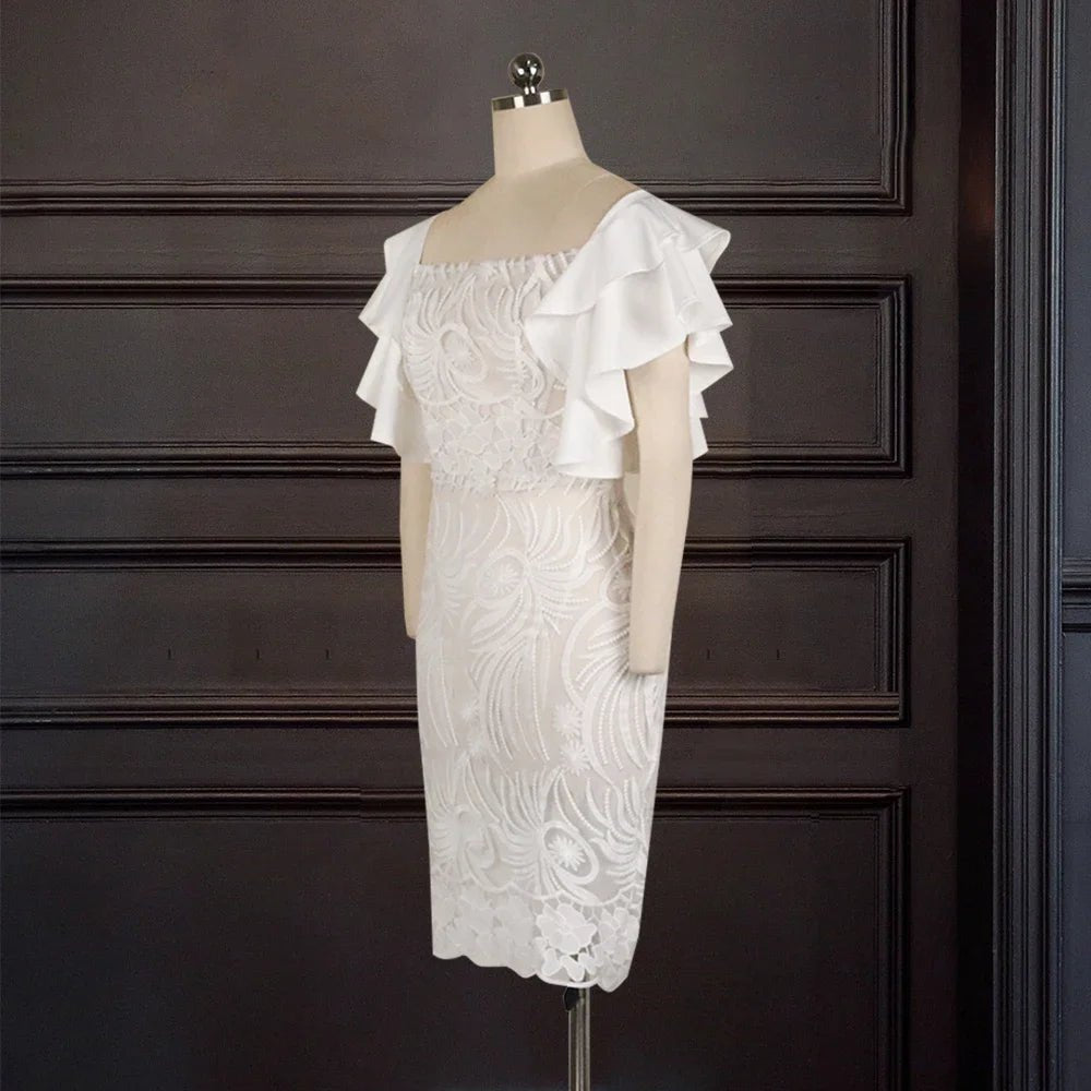 White Lace Dress - Ruffle Sleeve Knee - Length Party Dress - Shello's Creative Boutique