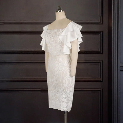 White Lace Dress - Ruffle Sleeve Knee - Length Party Dress - Shello's Creative Boutique