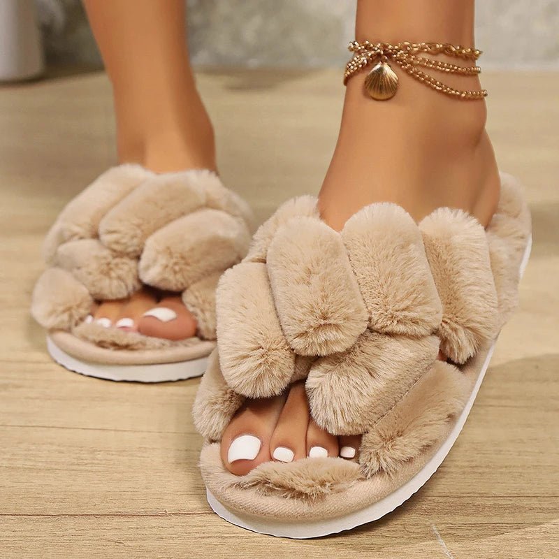 Women's Cross Strap Fluffy Slippers - Plush Fur Winter Slides - Shello's Creative Boutique