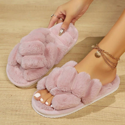 Women's Cross Strap Fluffy Slippers - Plush Fur Winter Slides - Shello's Creative Boutique