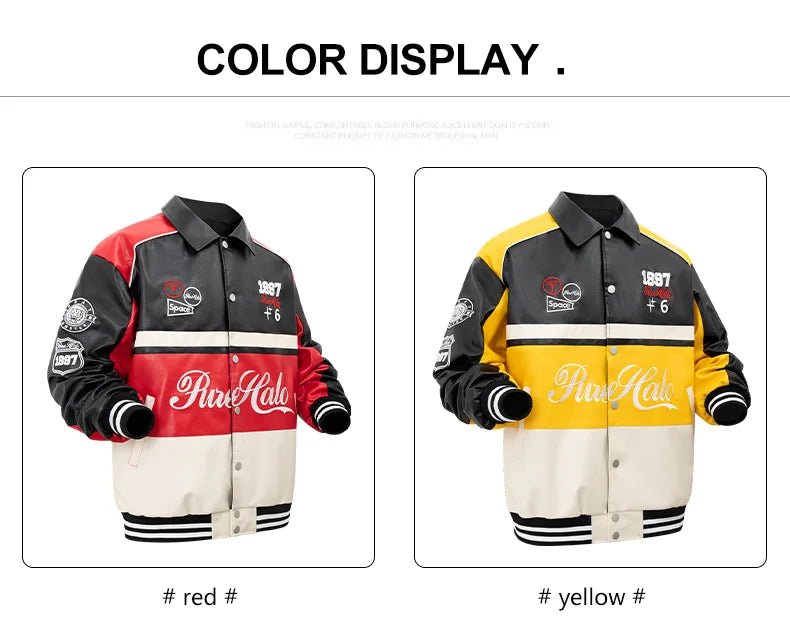 Women's Faux Leather Motorcycle Bomber Jacket – Colour Block Embroidery, Plus Size - Shello's Creative Boutique