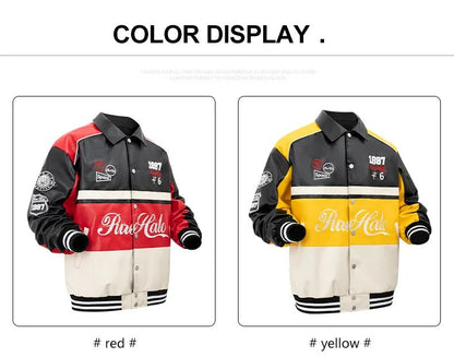 Women's Faux Leather Motorcycle Bomber Jacket – Colour Block Embroidery, Plus Size - Shello's Creative Boutique