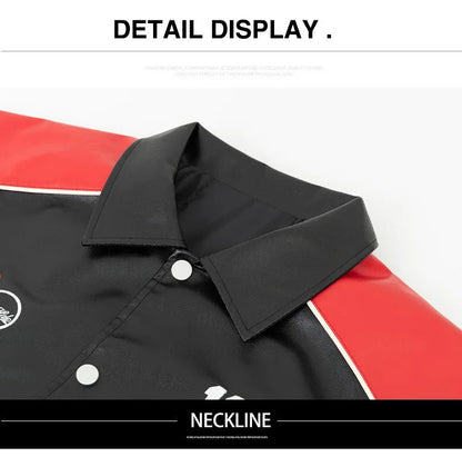 Women's Faux Leather Motorcycle Bomber Jacket – Colour Block Embroidery, Plus Size - Shello's Creative Boutique
