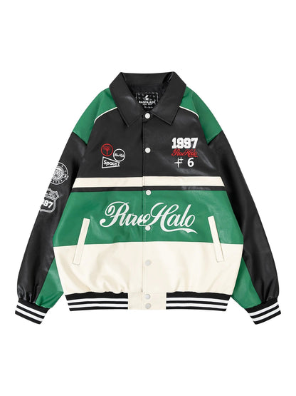 Women's Faux Leather Motorcycle Bomber Jacket – Colour Block Embroidery, Plus Size - Shello's Creative Boutique