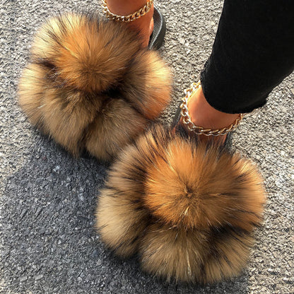 Women's Real Fox Raccoon Fur Slippers - Fluffy Pom Pom Slides Beach Sandals - Shello's Creative Boutique