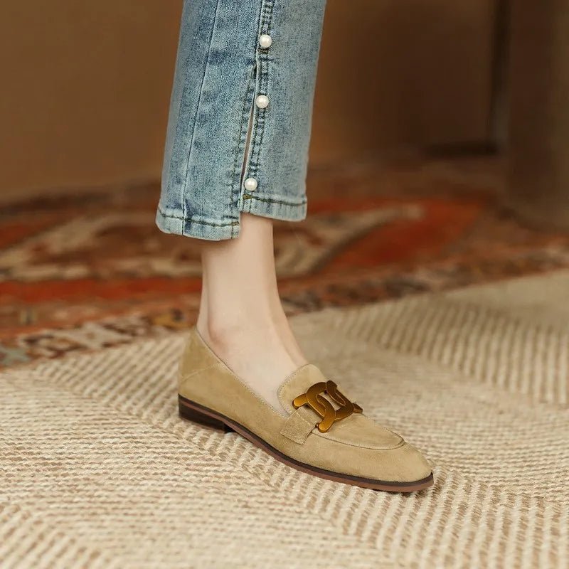 Women's Retro Metal Buckle Loafers - French British Style Square Toe Pumps - Shello's Creative Boutique