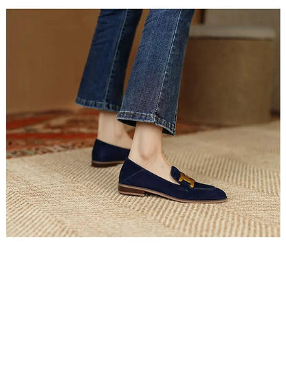 Women's Retro Metal Buckle Loafers - French British Style Square Toe Pumps - Shello's Creative Boutique