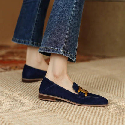 Women's Retro Metal Buckle Loafers - French British Style Square Toe Pumps - Shello's Creative Boutique