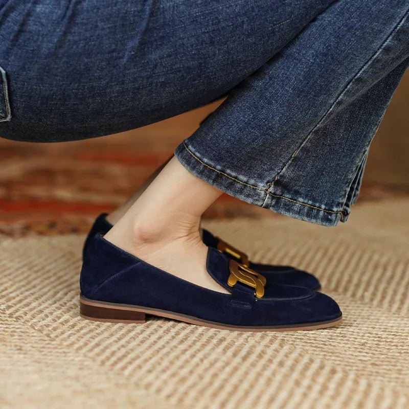 Women's Retro Metal Buckle Loafers - French British Style Square Toe Pumps - Shello's Creative Boutique