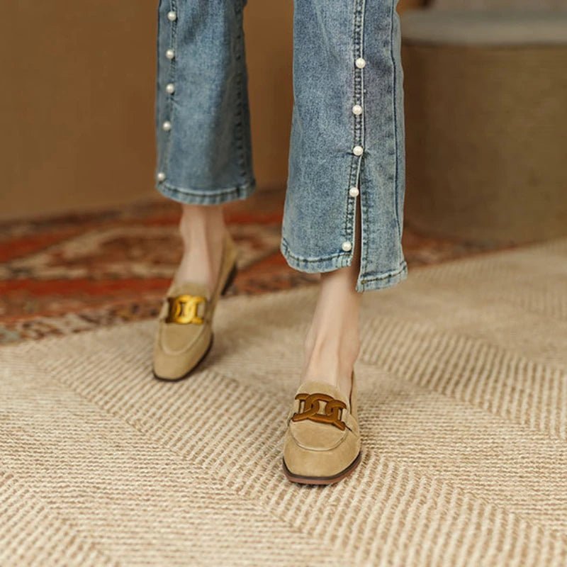 Women's Retro Metal Buckle Loafers - French British Style Square Toe Pumps - Shello's Creative Boutique