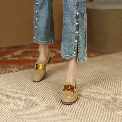 Women's Retro Metal Buckle Loafers - French British Style Square Toe Pumps - Shello's Creative Boutique