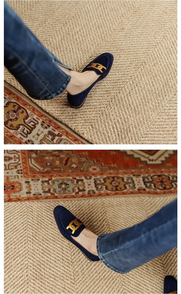 Women's Retro Metal Buckle Loafers - French British Style Square Toe Pumps - Shello's Creative Boutique