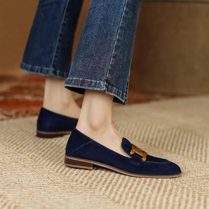 Women's Retro Metal Buckle Loafers - French British Style Square Toe Pumps - Shello's Creative Boutique